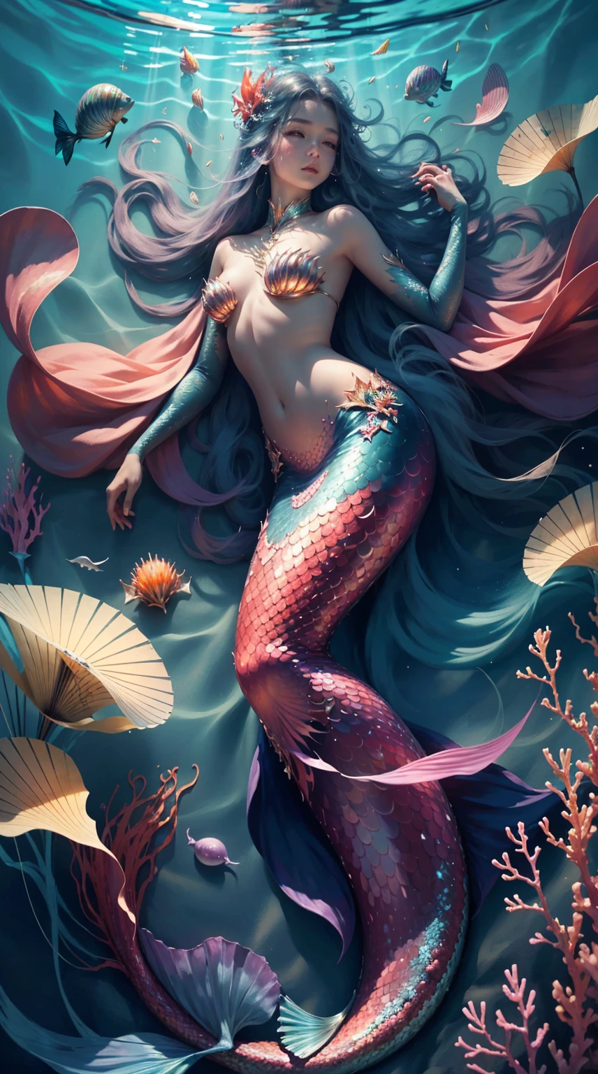 Best quality,A high resolution,Masterpiece:1.2,Vast seabed,(depth of fields),(Elegant mermaid),long and flowing hair,Ethereal beauty,peacful,tropical fishes,Floating jellyfish,Colorful coral reefs,Diverse marine life。Vibrant colors,dreamlike lighting.