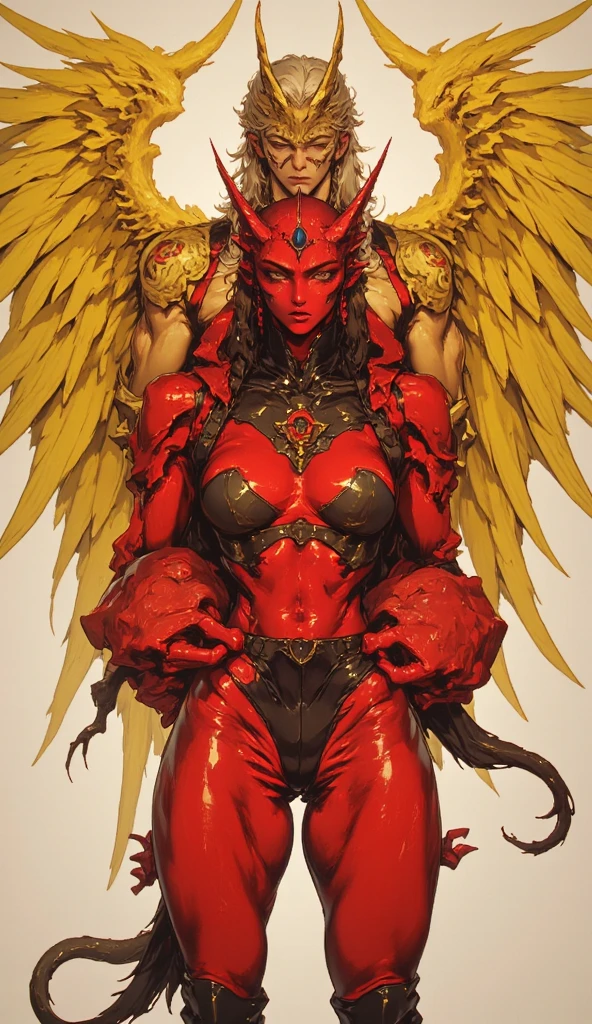 Golden statue of a girl, angel, red crystal horns, white background, eyes covered with bandage, silent art, nude