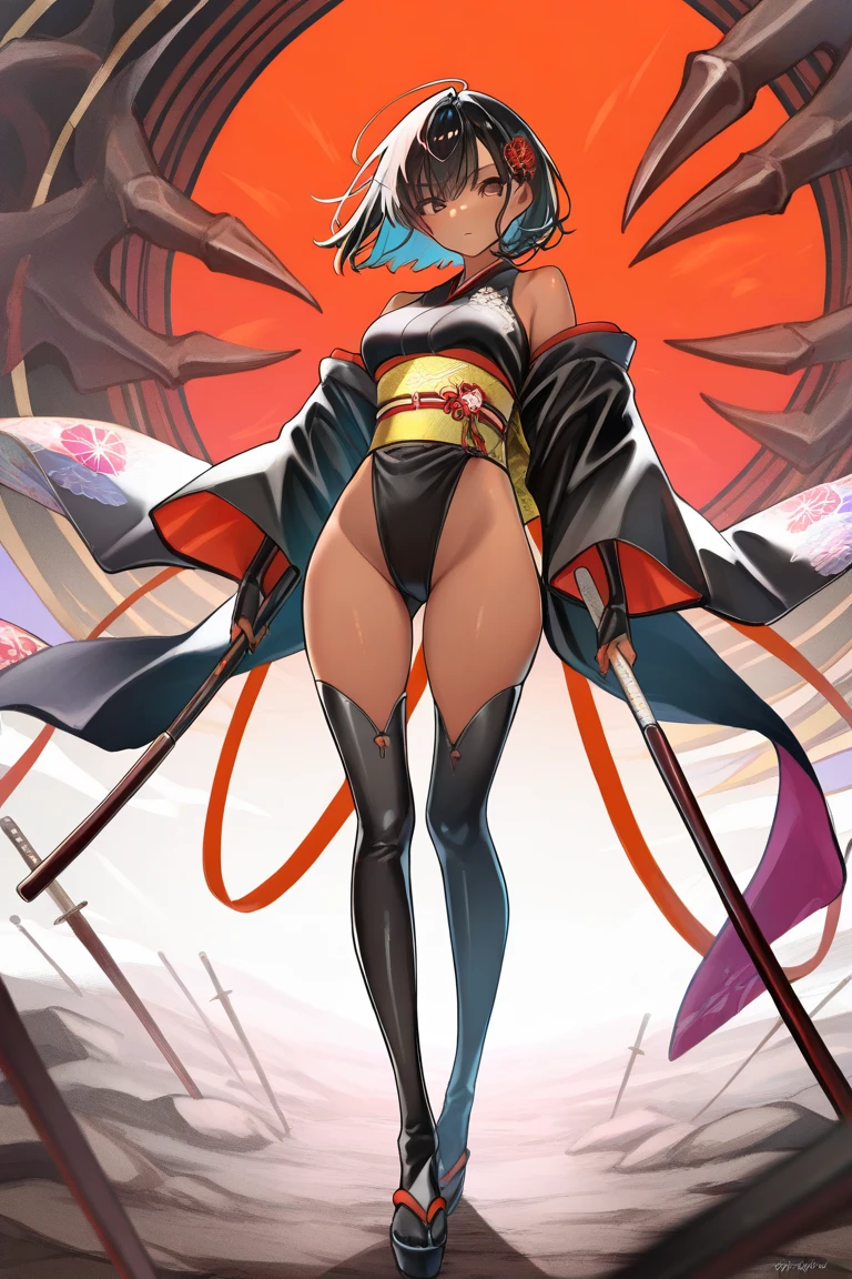 Bleach Yoruichi Shihoin as a Kunoichi, Detailed Arms, Elongated Arms, Cat Ears, Tail, Tall Woman, Detailed Hands, Detailed Feet, High Quality Colorful Sketch, Red Background, Ultra Detailed, 8K Resolution, No Shoes, Standing, Red Scarf, Ninja Accessories, Deep Shadows, Sharp Focus, Yandere, Dynamic Angle, Sadistic Expression, Empty Eyes
