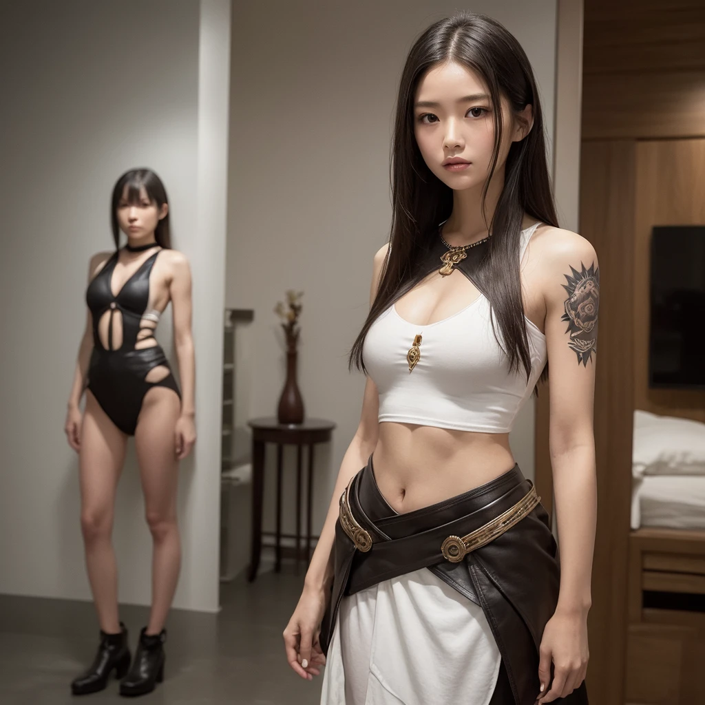 best image quality 、Black leather shoes 、((二人の背広を着たMiddle-aged man)) 、、 、aristocratic mansion 、Salon、((walking)) 、 、A woman with her arms tied behind her back、 、Middle-aged man、bondage、looking away、full body image、wooden room、、(((naked woman))) 、high heels、black collar、((shackles))、tied chest、grab a woman's arm 、black hair、