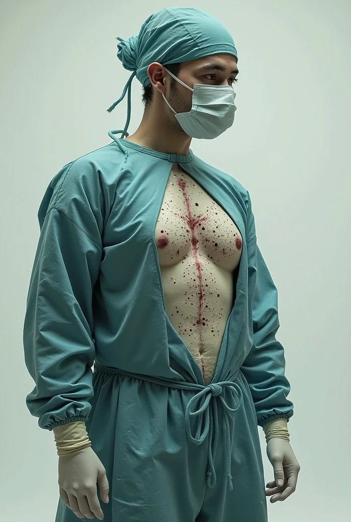 "A realistic image depicting a white man's chest wounded by multiple bullet injuries.