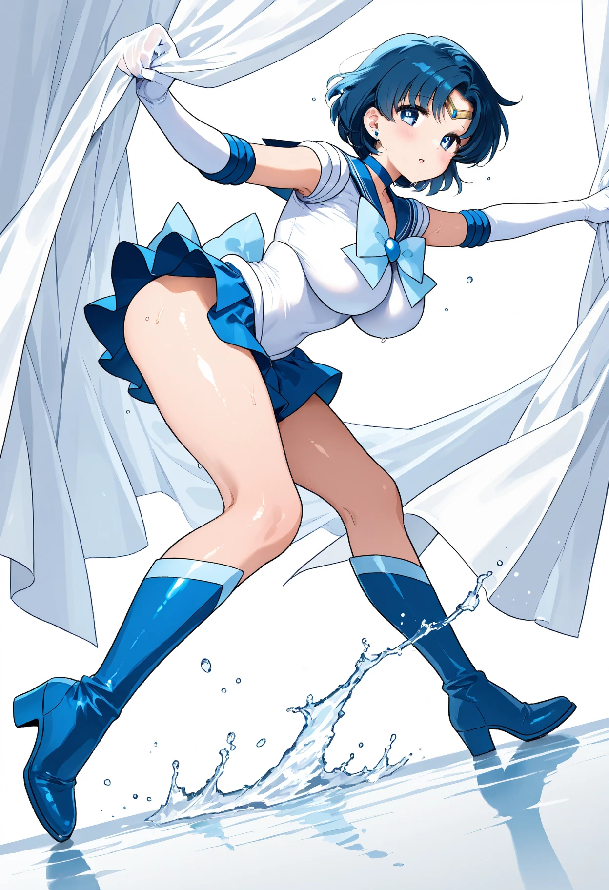 Sailor Mercury Full limbs complete fingers Transformation heroine of justice Enameled White Leotard Enamel Blue Boots Wrinkled boots Enamel White Gloves Enamel Blue Mini Skirt Neat and clean image Enamel Blue Choker Gold decoration Costumes with fancy decorations justice poneyTail semi long hair hair adornments Crying expression Opening Mouth Squinting eyes Jockey Boots thrust out one's hip Open your legs Poop sitting Full body painting Put your hand on your crotch Underarm is visible Long boots below the knee Raw feet Soaking a large amount of white slime The body is covered with white slime Open your crotch bend knee お漏らし (peeing self:1.5) (((Yellow water flowing from the crotch))) full of sweat Leotards are wet and skin visible sodden In a dark cave The surroundings are full of white slime, Turbid liquid Pool full of white slime White slime drips from above