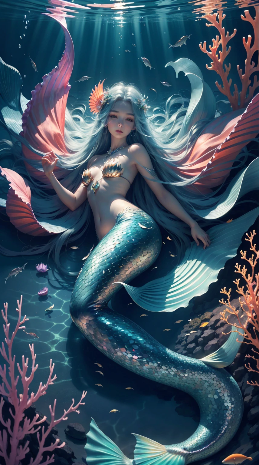 cute little mermaid, ,Big angel wings, big wings, lower body of a fish, angel wings, rainbow gradient long hair, pointed ears, flower crown, leaves