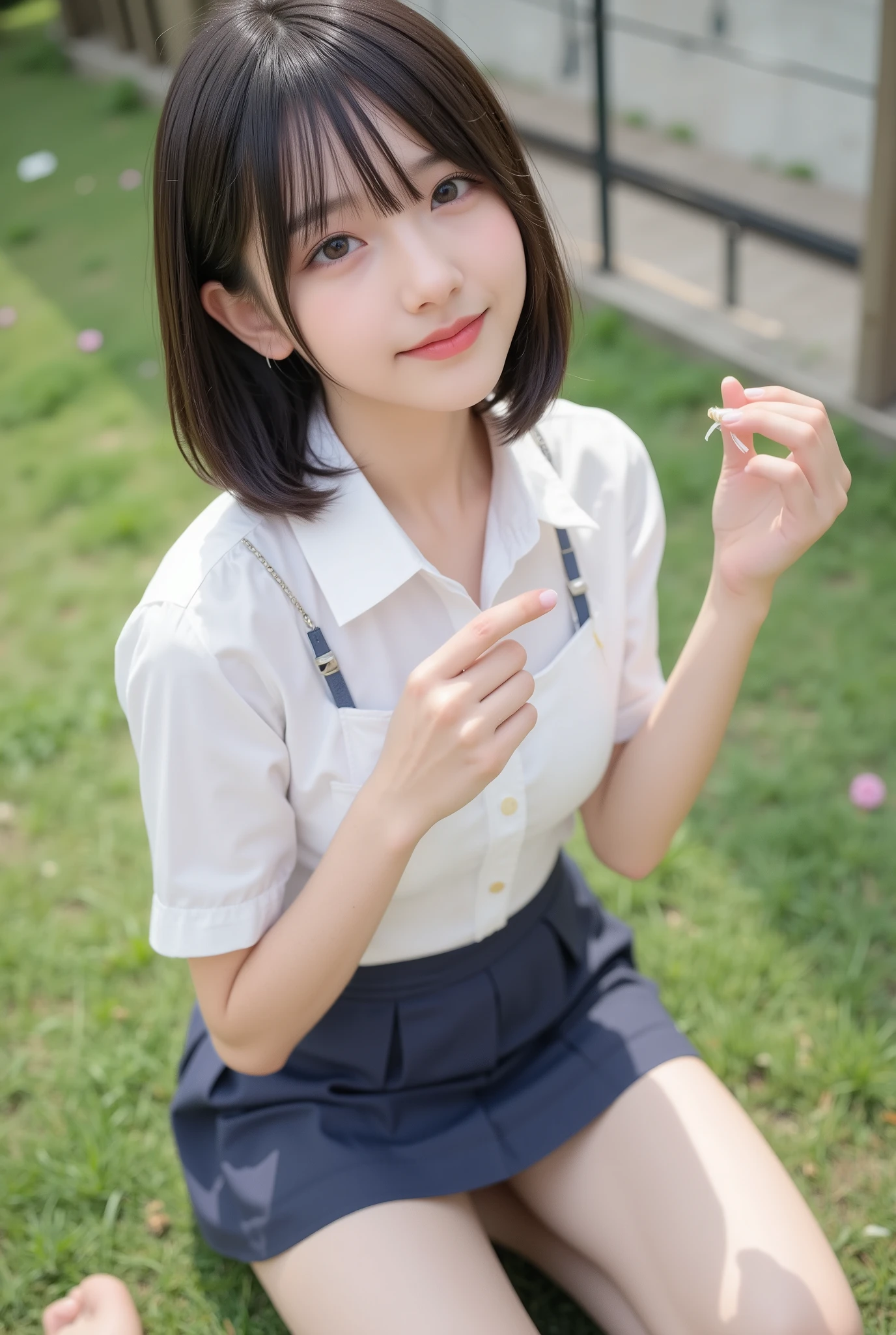 1Girl,((School uniform slush,light grin smile, Sitting,exteriors,Short hair,Spread your legs,I can see the ,