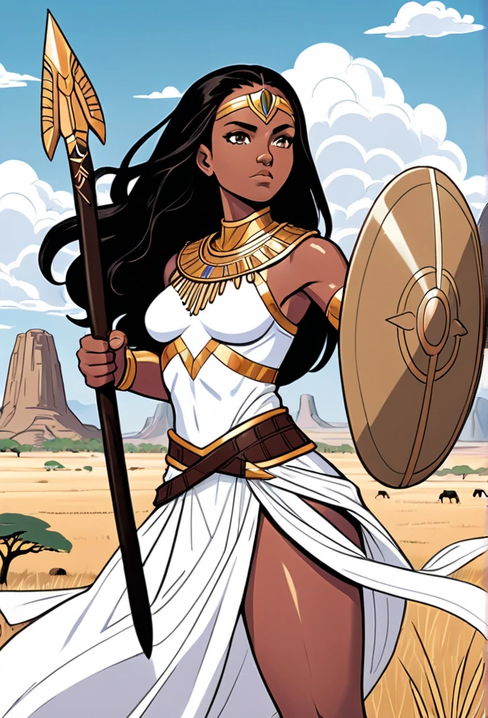 Vector Art, Flattening, smooth line art, Minimalism, graphic design aesthetics, flat illustration, (masterpiece, best quality, perfect composition, very aesthetic, absurdres, ultra-detailed, intricate details, Professional, official art, line art black and white outline of a christian warrior with nubian features, resembling Wonder Women long flowing hair, different nationalities, easy to color design, up close, combat ready, sword and shield in hand, Background realistic and minimalistic African Serengeti landscape, simple trees and mountains, clear sky with clouds, animals in the Serengeti in the background, for a coloring page, warrior strength and connection to the land with different poses, very realistic, wakanda, coloring book page