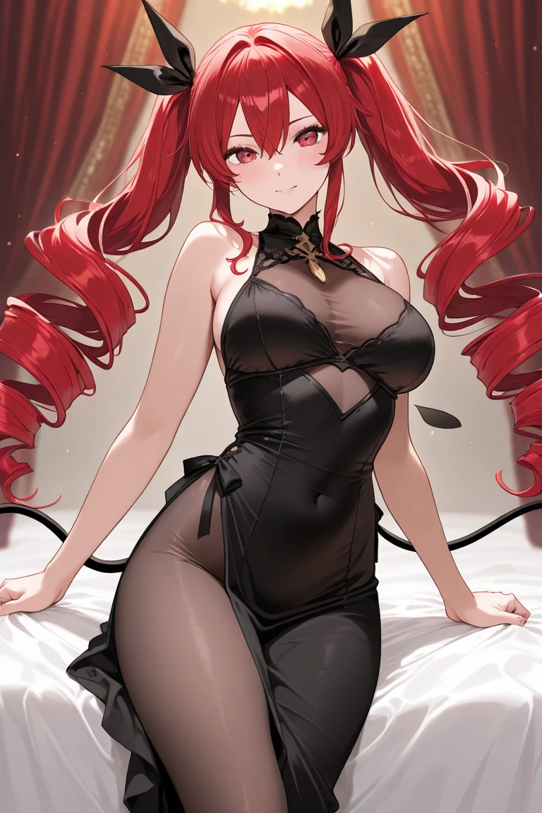 See-through pantyhose,redheadwear,Raised sexy,Lie down,slender girl,Lace lingerie big breasts,Cat ears,a cat tail,Evil smiled