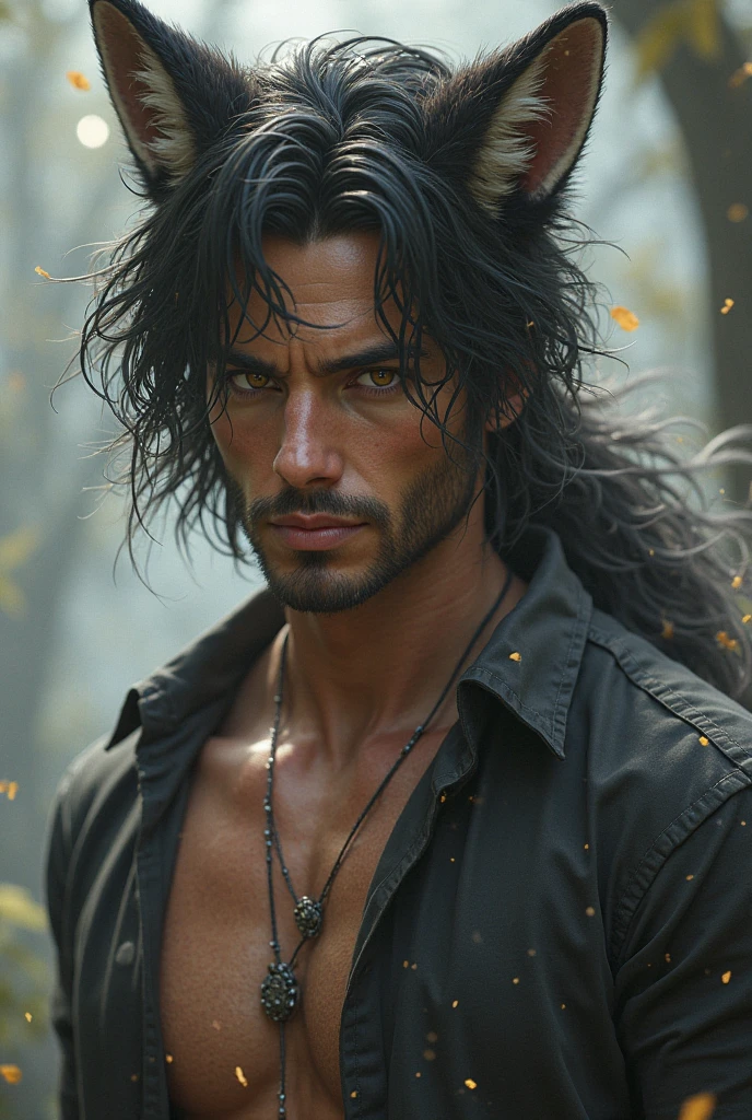a wild wolf boy with black fur and fangs ,bare chest , sexy and marked appearance ,yellow eyes ,Lonely ,chest hair,I live in a cave made of stone and bones