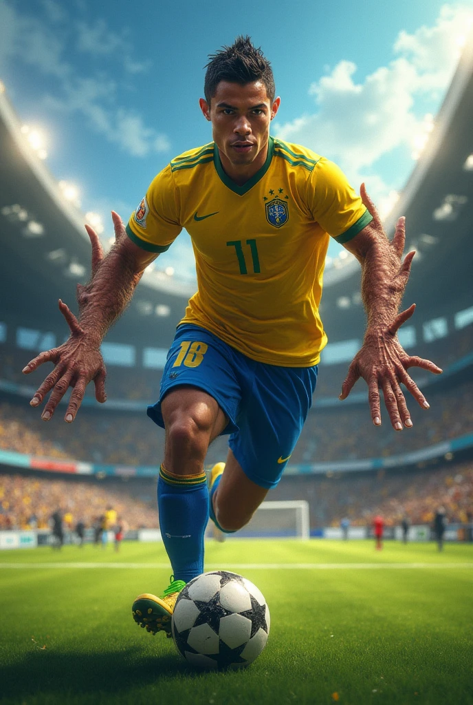 An alien playing soccer