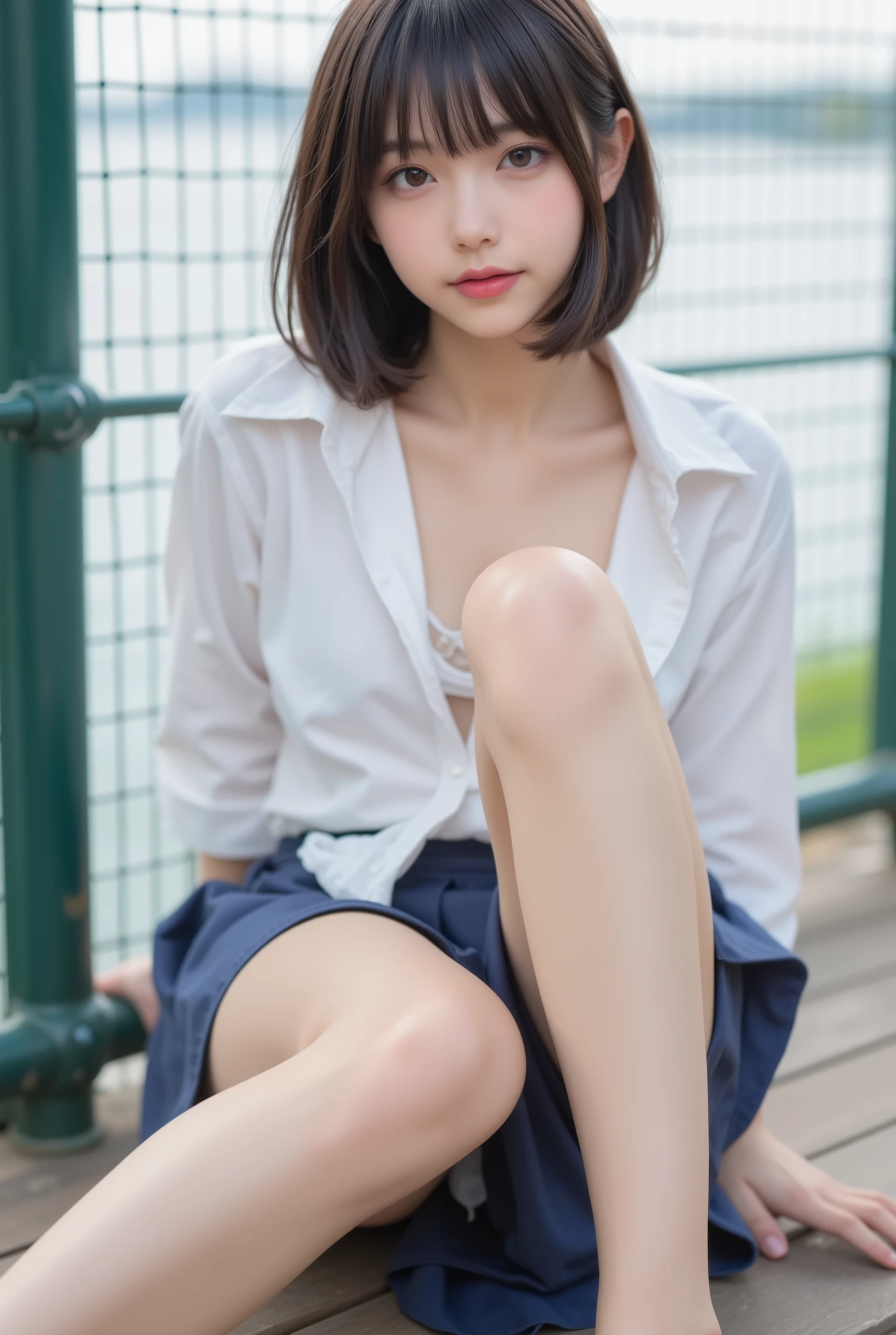 ((Best picture quality, 8K, tmasterpiece:1.3)), 1girll, Casual hairstyle, (off-shoulder blouse,Short pleated skirt:1.3),(wet see through clothes:1.4),Ultra-fine face, A detailed eye, 二重まぶた,(long leges:1.4),(athletic sneakers:1.3)Erlang legs,Sit sideways on a high platform