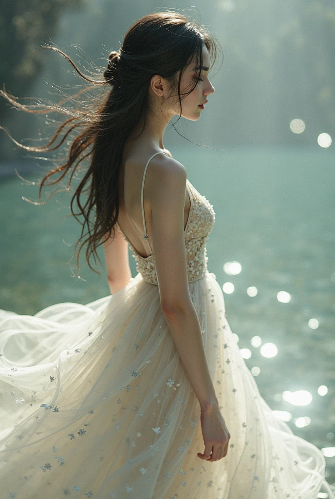 a young beautiful woman, dancing in the rain, intricate detailed face, beautiful eyes, detailed lips, delicate skin, wet hair, graceful movement, flowing dress, rain drops, overcast sky, dramatic lighting, cinematic composition, painterly style, muted color palette, dramatic atmosphere