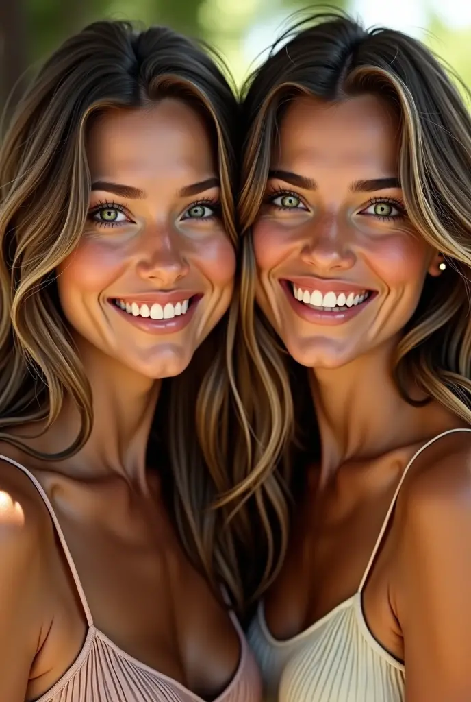 Here’s a prompt you can use:
“A beautiful 2 woman with long, wavy brown hair and striking green eyes. She has a warm, realistic smile that radiates friendliness and confidence. Her skin is smooth and slightly tanned, and she is depicted in a natural, well-lit setting, with soft light highlighting her facial features. She is wearing a simple, elegant outfit that complements her look. The background is blurred to keep the focus on her expressive face and bright smile.”