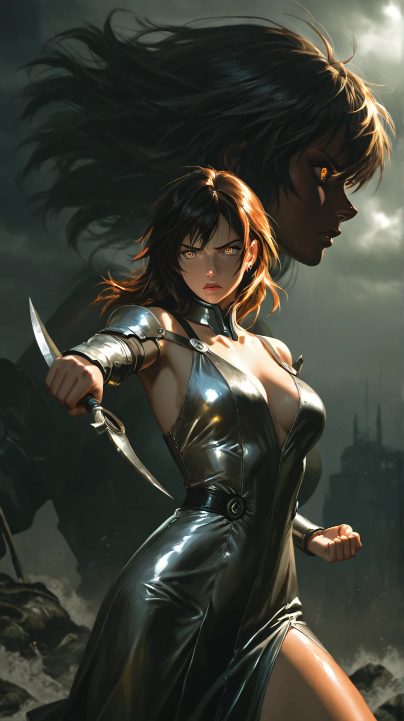 (((two sexy girls fighting each other with weapons))),victorian steampunk theme, victorian steampunk style(((best quality))), (((ultra detailed))), (((masterpiece))), illustration,2girl fighting, perfect face, volumetric lighting,steampunk theme,,translucent Skin, HALFTONE,cloud,LIGHT_PARTICLES,