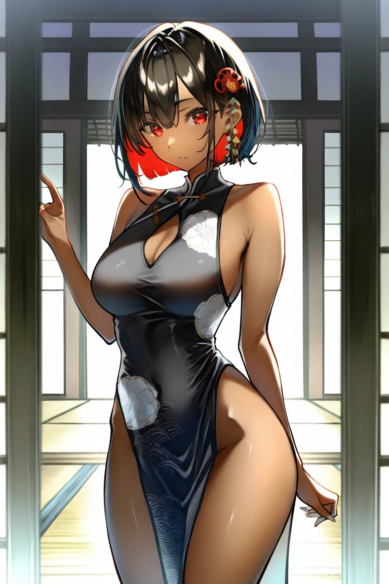 1girl, solo,((toddler)), (little female ,10yo,wide hip:1.3),gigantic breasts, oppai,((sagging breasts:1.3,breasts apart:1.3,hanging breasts:1.3)),
(short, , chibi:1.2), nsfw,revealing chinese ,china dress, (fusion of chinese_dress and highleg leotard:1.5),(wearing doctor's white gown),(((Chinese traditional patterns print on leotard))),Rose hair clasp,skindentation, white Clothes, ((no panties,exphosed groin)),white_background, absurdres, highres,akane, TendouAkane, ,cowboy shot,