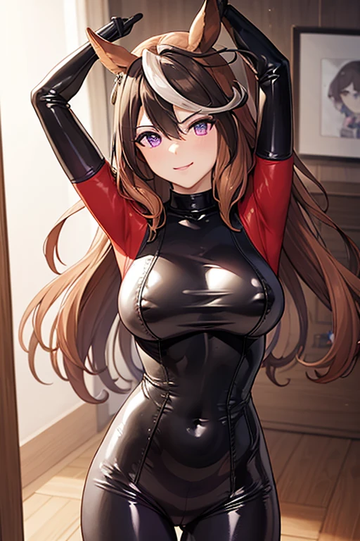 A sexy and beautiful girl, the devil Bellamy, is dressed in latex clothes of black and red, black latex is on the legs on the chest and right arm, and red latex is on the left arm and in the groin area, tight-fitting to her figure, the most beautiful red devilish horns, large breasts, light brown hair, a beautiful face perfect figure and waist wears high-heeled shoes beautiful hands with perfect manicure on nails light lustful skin the girl’s breasts are completely covered by clothes as well as her torso and almost all the skin of her arms is covered by clothes you look stunning her face body eyes hands sexy legs are simply divine