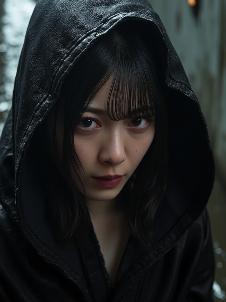score_9, score_8_up, score_7_up, score_6_up, score_5_up, score_4_up,
8K Ultra HD, NSFW,
((Best quality:1.4, Masterpiece:1.4, Ultra-high resolution:1.4, High-resolution raw color:1.4, Photorealistic:1.4, Unparalleled detail, Ultra-sharp:1.4, Sharp edges, DSLR, Noise-free:1.4, Realistic, Live action, No strong shadows:1.4)), ((Shiny skin:1.3, Shiny face:1.4, Shiny skin:1.4, Strong shine:1.4)),
Front view, Face focus, Shot from below:1.4, Front view of face:1.4, Wet bare skin:1.4, Gloomy, pessimistic, sad, Facial wrinkles, Nasolabial folds,
Dark fantasy atmosphere:1.4, She's dressed like the Grim Reaper:1.4, Face exposed:1.4, Bone bird flying overhead:1.4 , feminine muscular body, dirty robe: 1.4, torn in places, sinister aura,
delicate depiction of eyes, beautiful pupils, tears in her eyes: 1.4, eyes slightly open,
bulging nostrils: 1.4, large nostrils, delicate depiction of nasal cavity, shiny nose,
wet lips, shiny lips,
no makeup: 1.4, bare face, delicate depiction of face and skin texture, delicate depiction of pores, realistic skin texture, fair skin: 1.4, translucent Beautiful white skin, beautiful skin: 1.4, very slim body, slender body,
wet hair: 1.4, messy hairstyle, bangs covering one eye,
shapely breasts, very small breasts, thin breasts, blue veins visible on breasts, correct shape breasts, beautiful nipple shape, beautiful colored nipples,
carefully drawn limbs, correct anatomy, correct five fingers,
even lighting with soft tones from the front: 1.3, low contrast,
back alley with light rain, street light, blurry background: 1.3.