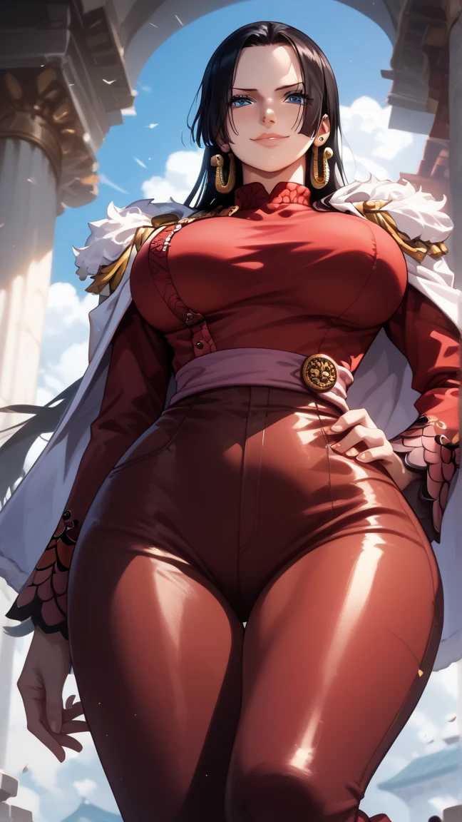 Two long thighs, yellow eyes, blonde hair, short hair, large breasts, detached sleeves, very white background, royal tiara, long cape, yellow tiger bikini, high heels, hands on hips. red tattoo on belly navel, full body female MILF BIMBO, lustful smirking smile face (red blush), metal shoulders, golden bracers sleeveless, black choker sex slave