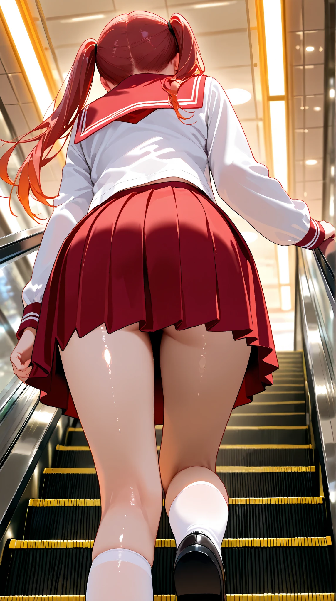 Stella Vermilion, Stella Vermilion, hair between the eyes, hair intake, hair ribbon, long hair, (Eyes red:1.5), Red hair, two sides up, yellow ribbon,Blake Black choker, choker, emblem, neck ribbon, plaid, puffy short sleeves, puff sleeves, Purple Ribbon, Red hair, bow ribbon, , chemise, manga curta, overskirt, thighs thighs thighs thighs, chemise branca, overskirt branca,stop looking at the spectator,,break (tabletop:1.2), best qualityer, high resolution, unity wallpaper 8k, (illustration:0.8), (beautiful detailed eyes:1.6), Extra detailed face, perfect lighting, extremely details CG, (perfect hands, Perfect Anatomia),、Stay on the escalator, (Going up the escalator), (shot in the lower body), thigh focus, (Taken from fund 1.3), (view from behind1.3)、 (black pantyhouse:1.3)、(overskirt that rolls up:1.3)、(panties fully exposed:1.5),embarrased, blushful, trembling mouth, (Jumpy), looking ahead at viewer, out, knickers, sexly, thick-thighs, Broad Hips、Full ar、out de casa、(black thighighs:1.3)、(in this)