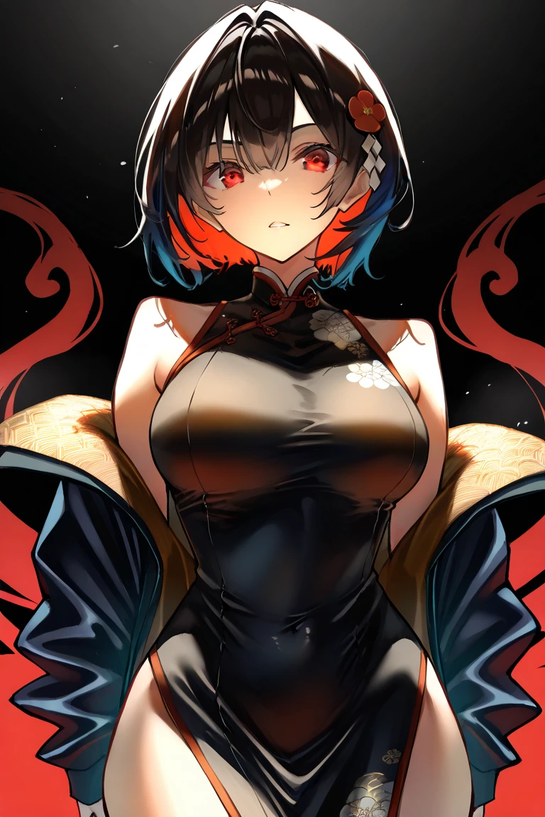 ((Best Quality)), ((Masterpiece)), (Detailed), Girl with short black hair, with straight bangs, red eyes, eyes with eris showing strength, tall and slender, very beautiful and feminine features, with loose black clothing, wearing shorts with long black stockings, short hair, nice breasts