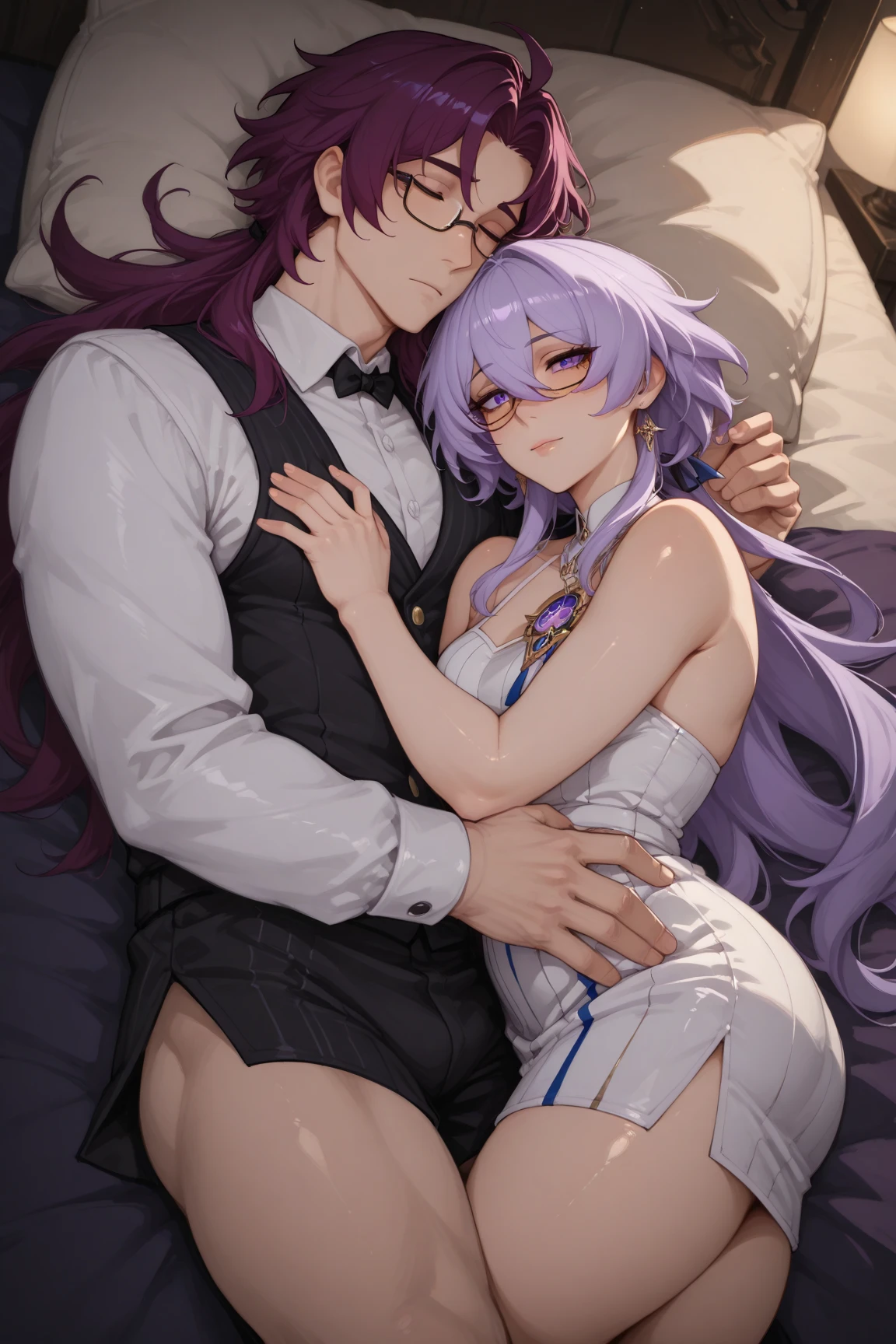 A man and a woman sitting on the bed, a thin man, the man is wearing white pajamas, lewd expressions, villains, women are dressed very revealingly, only show the upper body (super complex details), (super detailed CG: 1.2), anime art style,