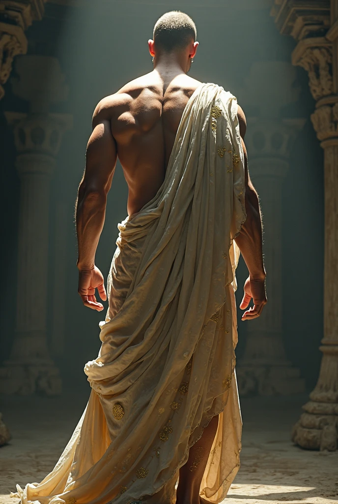 Muscular々A Shinto priest in white robes。A man in his 30s