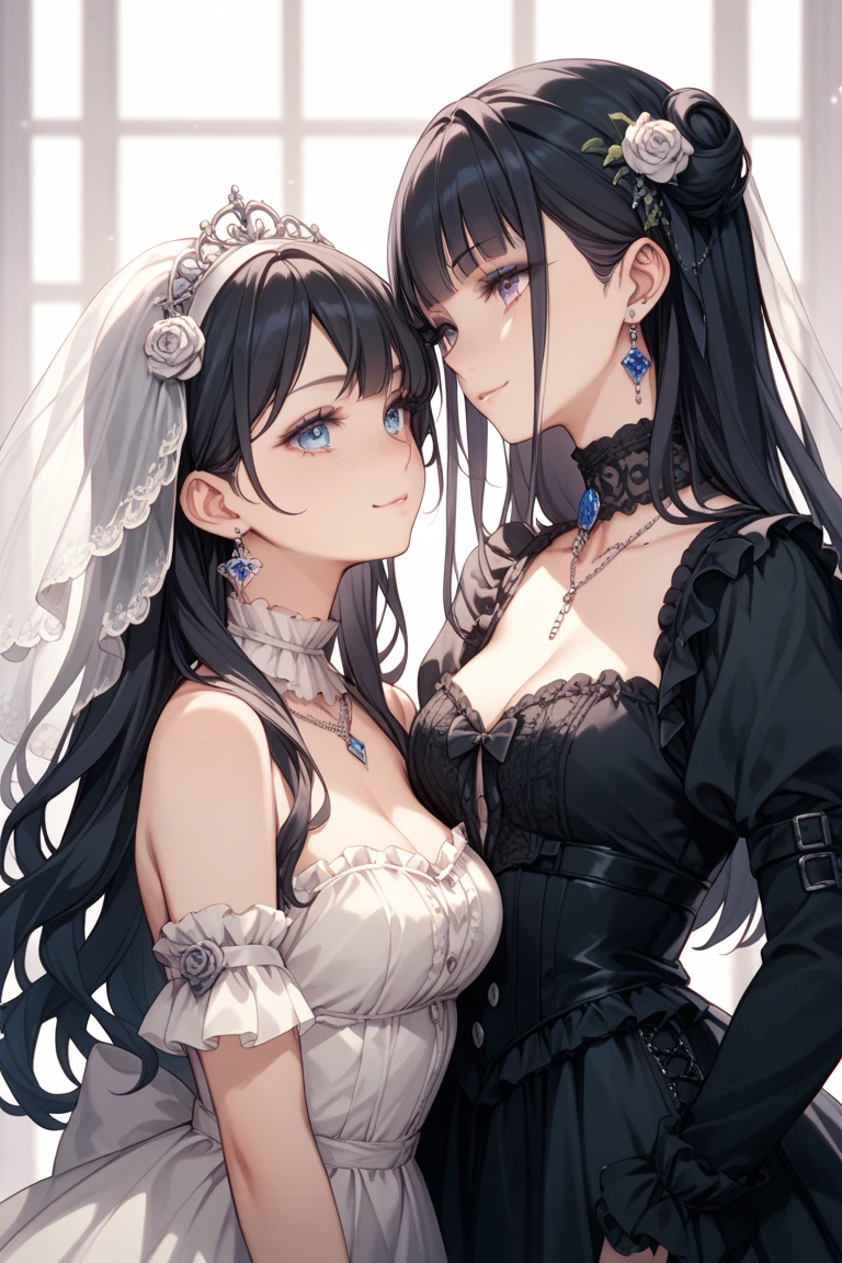 (High quality, High resolution, Fine details), (two symmetrical women in flowy dresses), BREAK (White Dress), BREAK (Black Dress), long flowing hair, intricate lace details on their dresses, contrasting colors, dark background with minimal details, subtle gradients, soft and natural lighting, curvy women, BREAK white hair, sparkling eyes, (Detailed eyes:1.2), smile, blush, Sweat, (Oily skin), shallow depth of field