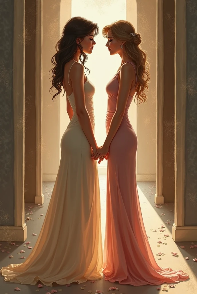 Aphrodite, white dress blonde hair and loose is with Sappho of Lesbos, short dark hair and white dress asking themselves something