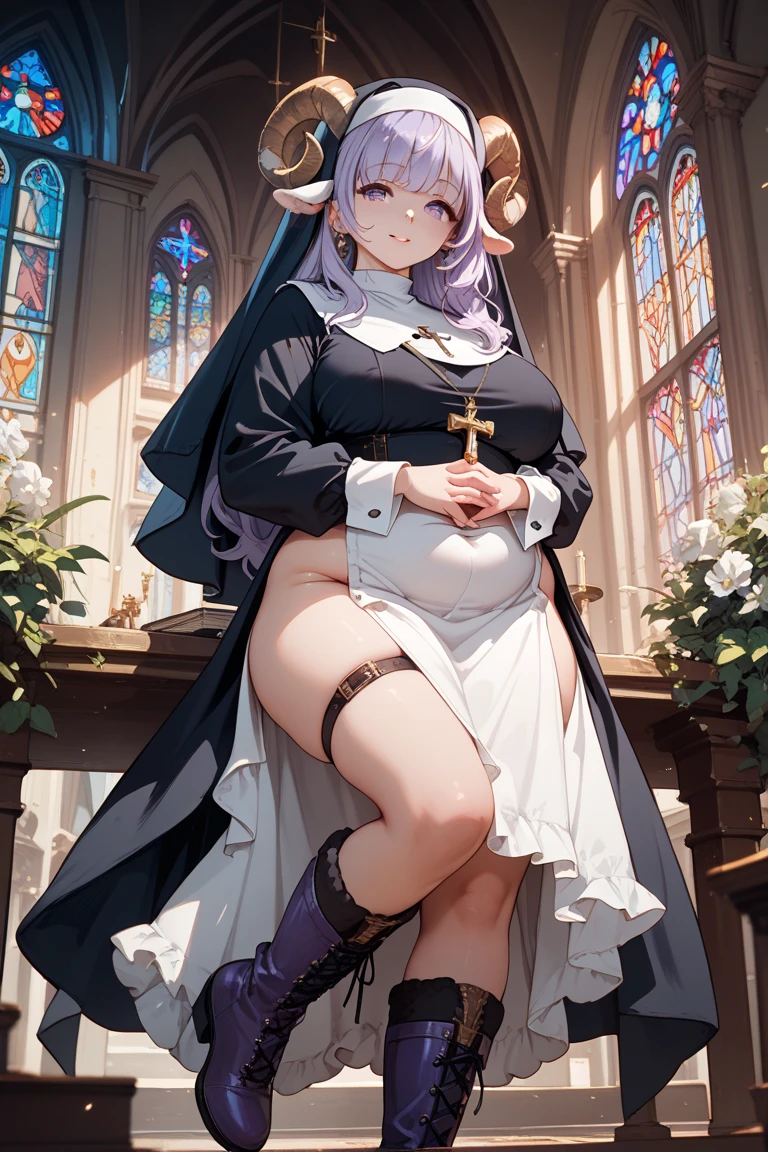 long hair, black hair, (dark skinned female), (nun), big breasts, Big ass, Deer antlers, venus body, church, cathedral, erection, (large penis, large testicles, cock sheath, dark testicles, pink penis,) red blush,