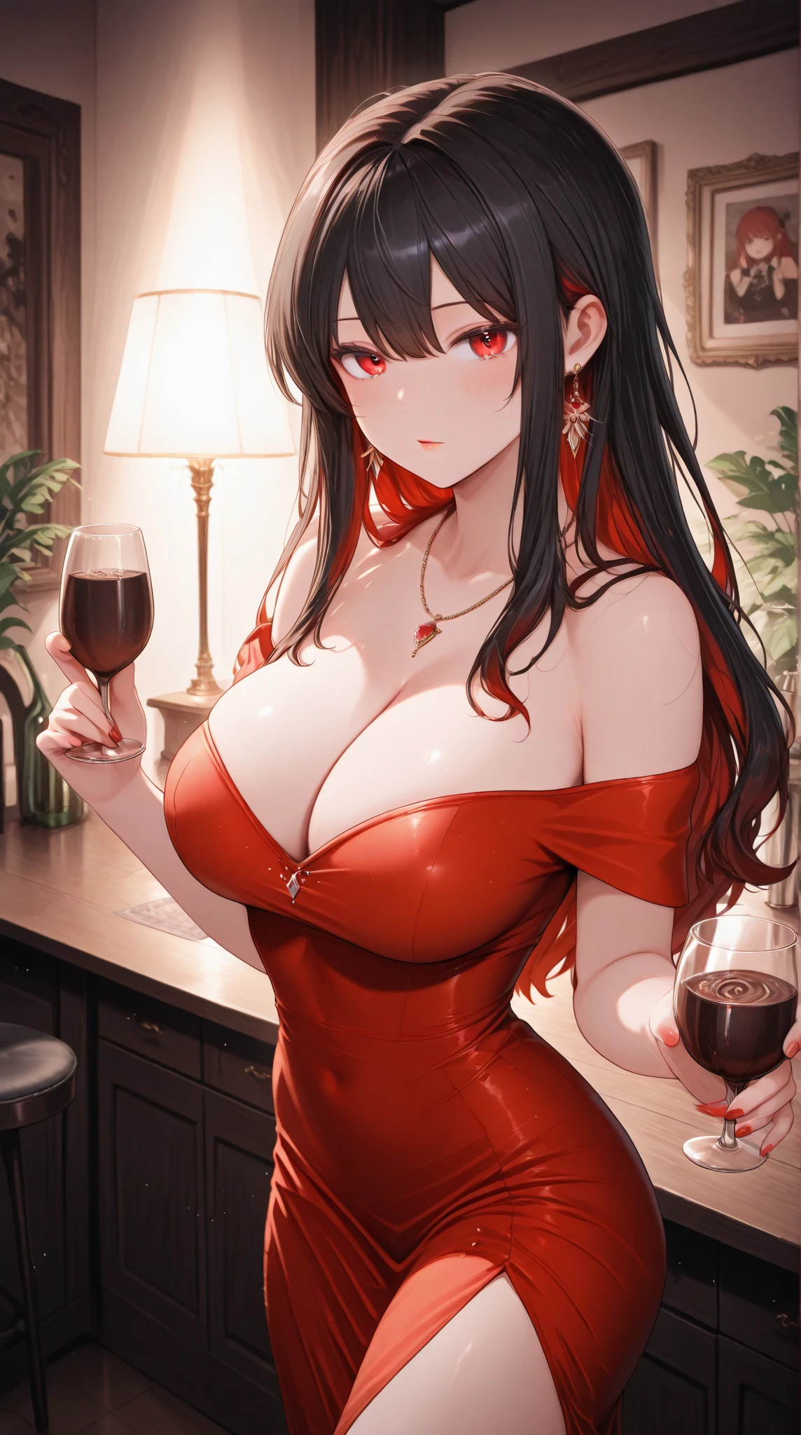best quality, ultra-detailed, illustration,
sc1, scenery, night, lights, indoors, light, neon lights, couch, table,
1girl、Night dress, drinking glass, (((Big Breasts))), Large red velvet sofa、Sexy beauty