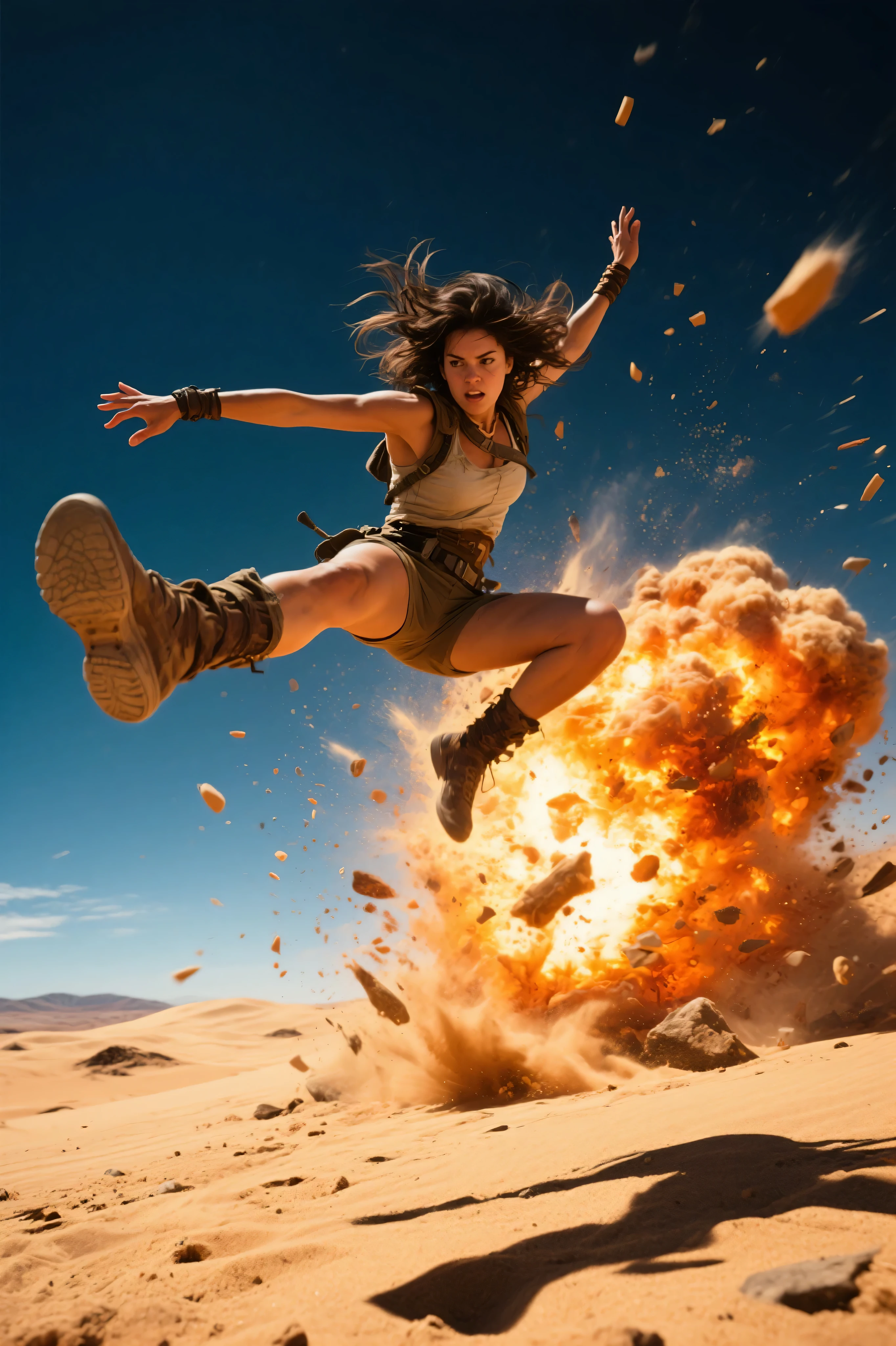 In a desert with a sandstorm, a curvy sexy sweaty woman with black hair running away, scared face, cry, speedlines