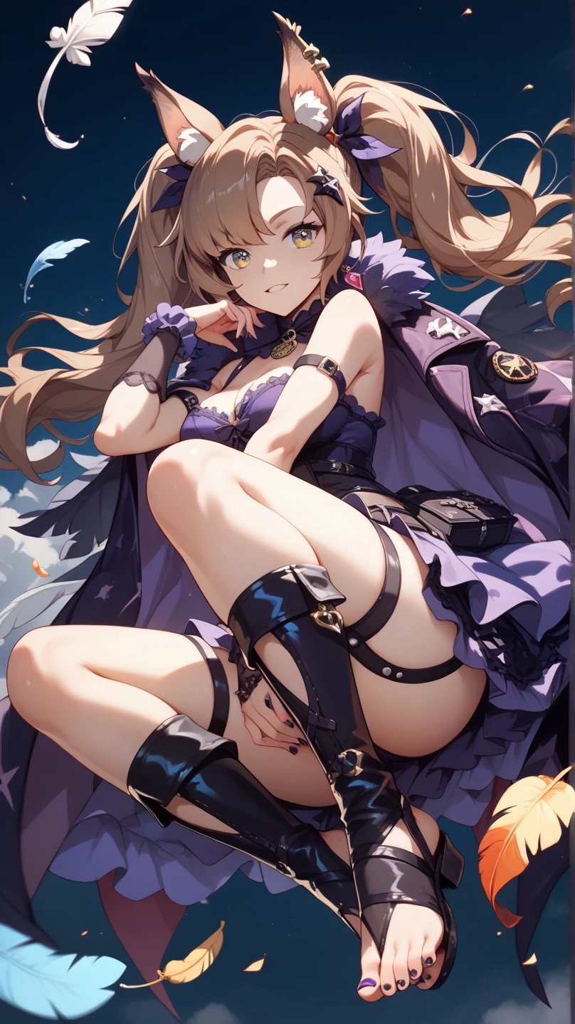 realistic image, detailed image, coherent image, 1 beautiful elf, she has very long hair, brown hair, violet eyes, smiling, sweating, she is wearing a loose blouse, showing her navel, plaid pleated mini skirt, boots up mid-thighs, She has a curvy body, medium breasts and thick thighs, She is lying under the shade of a tree, arching her back, surrounded by flower petals falling around, inside a patio with flowers, sunset, twilight , Soft focus, full body view, Dramatic shadows, Volumetric lighting, natural lighting,
