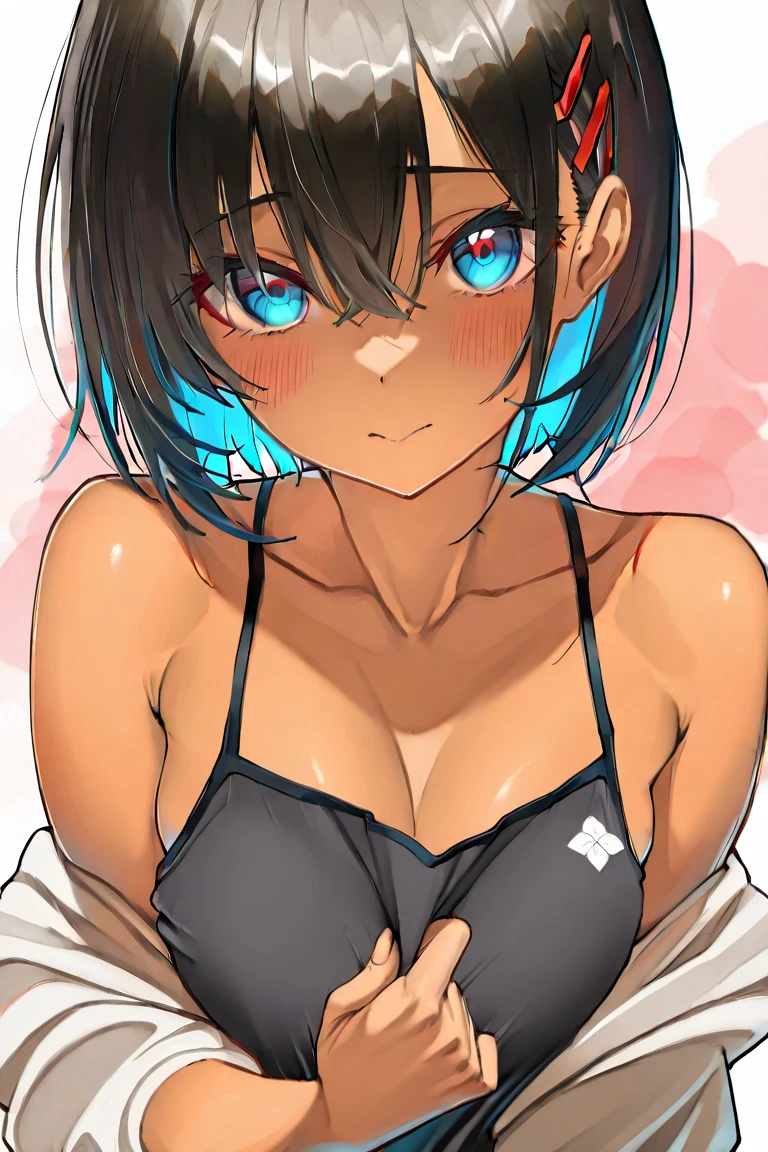 1 girl、anime painting、Dark blue hair、Bobcut、Beautiful green eyes、Grin、Vibrant colors、black and white tube top bra、Gingham check tube top bra、My chest is a little visible、was happy、Fold your arms in front of your chest、Looks like a lot of fun