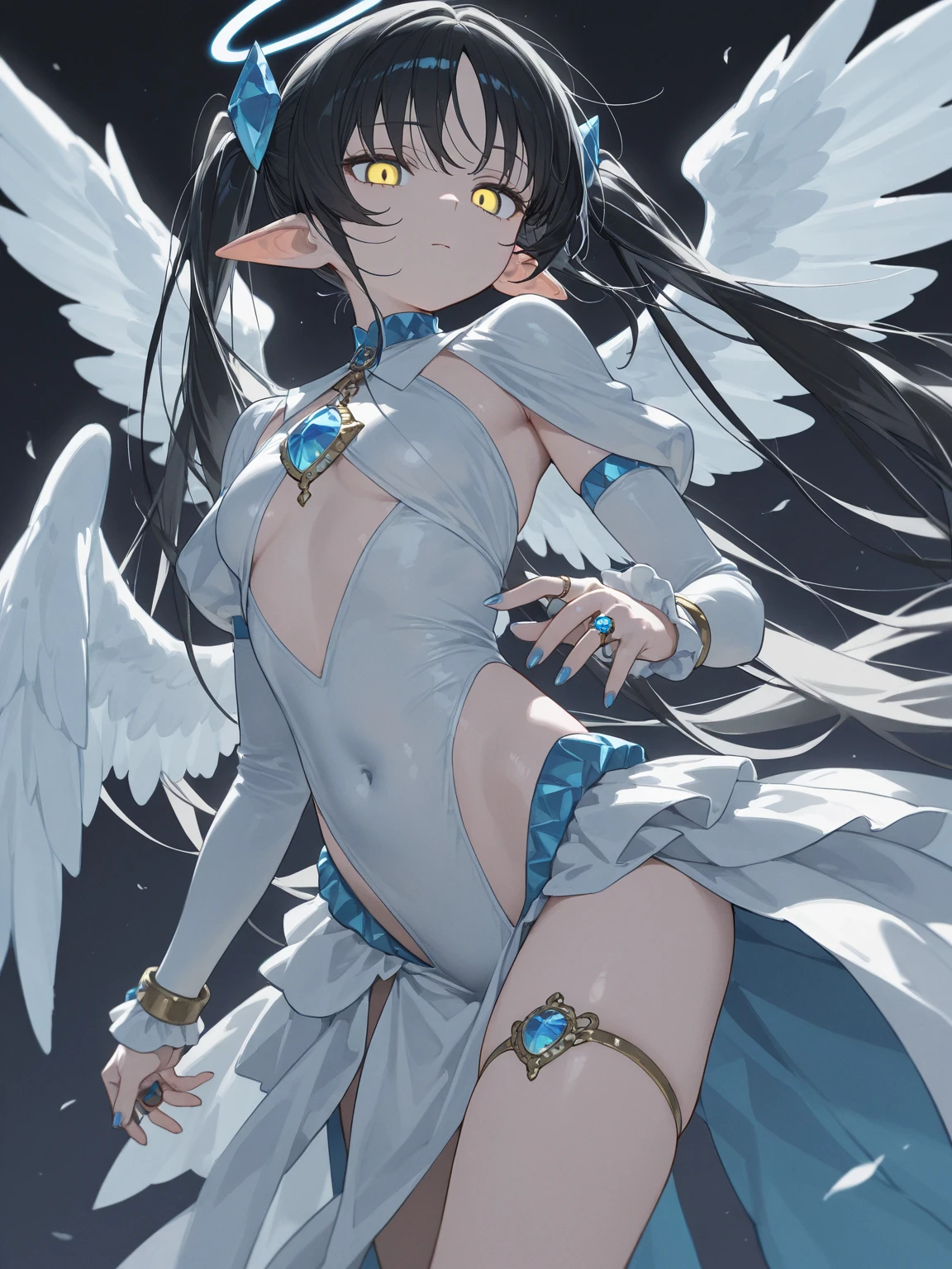 ninomae ina'nis,  <lora:ina:1>, ina_priestess, tentacle hair, black dress, low wings, halo, single thighhigh, detached single sleeve, gloves wet, raining, highly detailed face, realistic face, beautiful detailed eyes, fantasy art, in the style of greg rutkowski, illustration, epic, fantasy, intricate, hyper detailed, artstation, concept art, smooth, sharp focus, ray tracing, vibrant