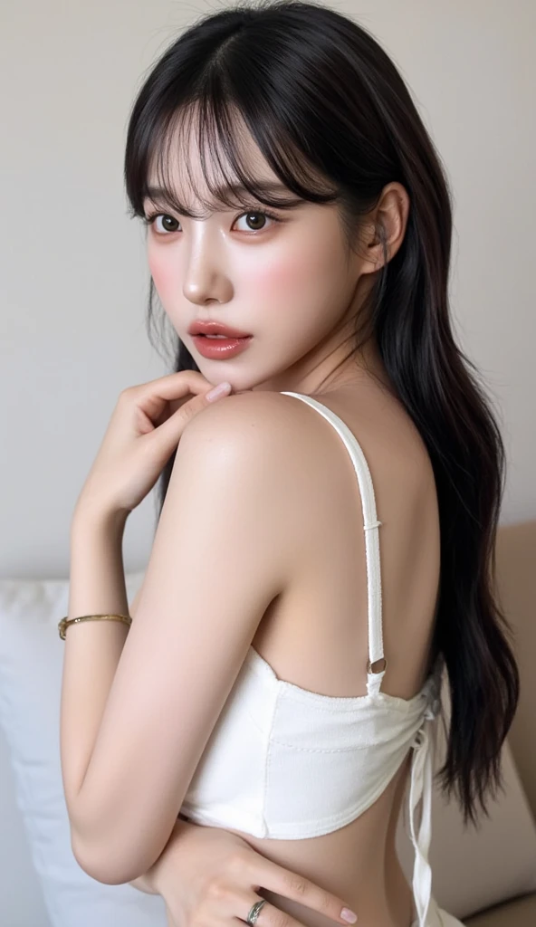 (((Like the picture、Focus on the eyes:1.1、Extremely detailed:1.22、Ultra-high resolution、masterpiece:1.45、Highest quality)))、((((Whole body expression:1.68、camisole、Leaning forward、One person))))、long, straight black hair、So that every single hair is clearly visible、The subtle color changes of hair depending on how the light hits it、 Skin has a natural glow、Fine skin texture、Representing the fine details of pores:1.25、Details of the light redness on the forehead and cheeks、(((Eyes with fine iris details、The eyes depict color gradations and patterns.、Long, natural-looking eyelashes, each and every one visible、Well-groomed eyebrows、眉毛のindivual々The hair is clearly visible、Light reflecting off into the eye、The light in the eyes creates small highlights)))、The nose is delicate、Fine detail on the nostrils、Lips are plump and naturally pink、Depicts the fine lines and soft curves of the lips、lips are shiny and、The gloss on your lips accentuates their shape.、(((Detailed depiction of lip texture、Particular attention to the depiction of light and shadow、Soft natural light gently illuminates the face from the front、A faint glow on the forehead、A slight shine on the nose、A slight glow on the cheeks、Shadows are cast softly along the contours of the face、Accentuate the sides of your cheekbones、Accentuate the sides of the jawline、Emphasize the sides of the nose、The gloss on her lips reflects the light faintly、Lips emphasize the plump texture、The shadow of the hair gives depth and dimension、indivual々The hair shines in the light、