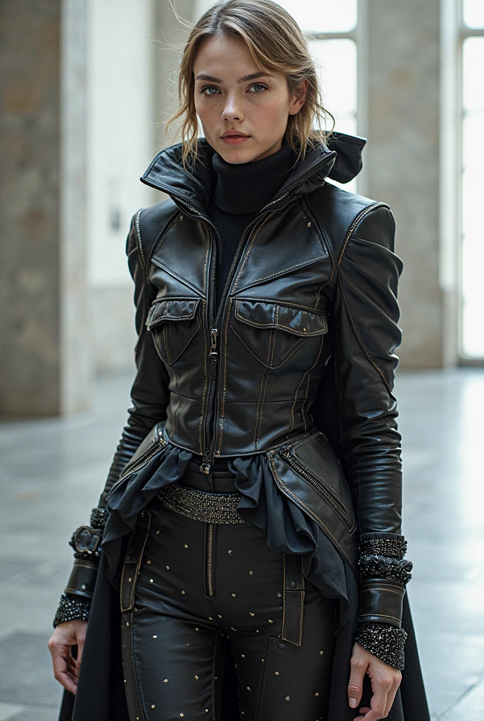 a woman in a black leather outfit with a brown collar and a brown leather jacket on her shoulders and a black background, Ayami Kojima, fantasy style, a character portrait, Intricate, High Detail, Sharp focus, dramatic, photorealistic painting by greg rutkowski