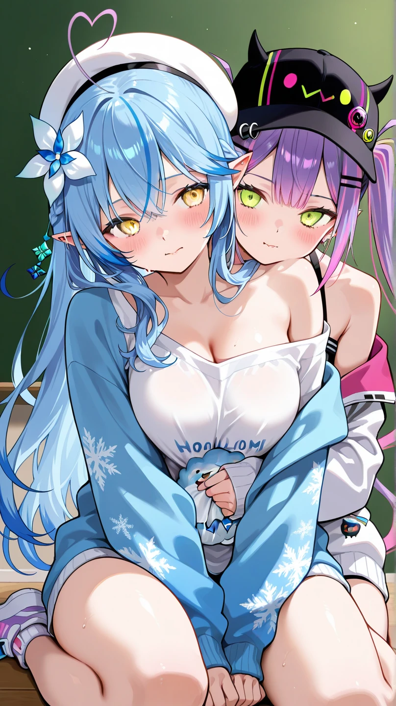 A bear have light blue fur with darl blue bear on two cheekswith necklace The string is red and white and the part attached to the bottom of the string is a yellow circle, Wear a dark purple shirt underneath a white shirt, and wear Japanese-style underwear