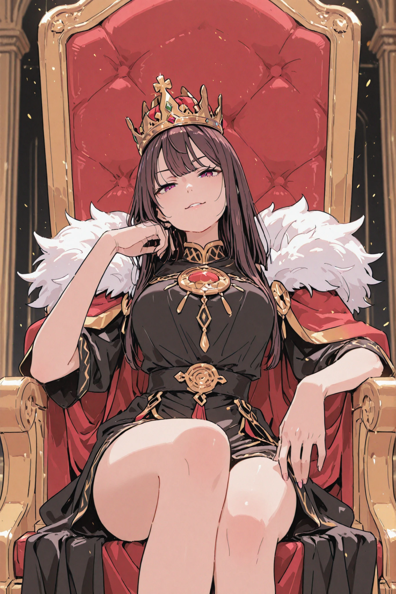 woman sitting on the queen's throne holding the crown over her head with an arrogant expression