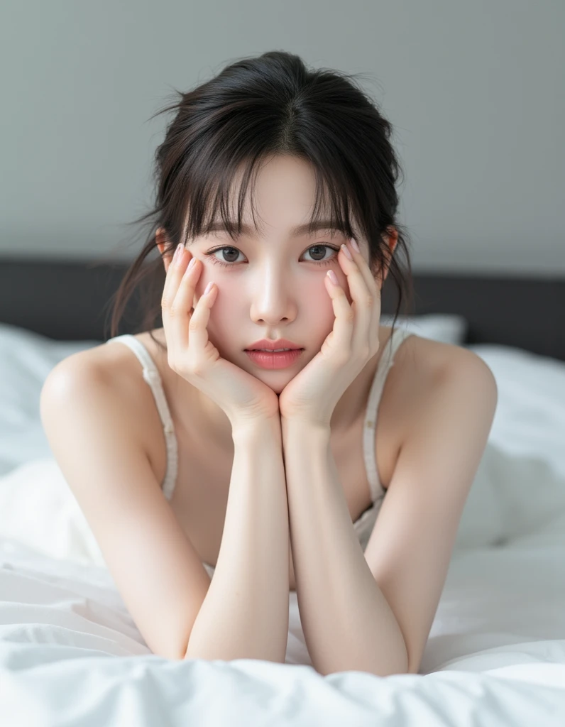 (best quality:1.2), (masterpiece:1.2), (8K:1.2), (intricate details:1.2), (cinematic light:1.2), (photorealistic:1.2), (raw, highres:1.2), (This image shows a woman tilting her head back in a dimly lit room. Her eyes are closed, and a calm and peaceful expression is on her face. Her long hair falls naturally, and the lighting casts a soft purple and blue hue on her face and hair. Overall, the image evokes a serene and dreamy atmosphere.)