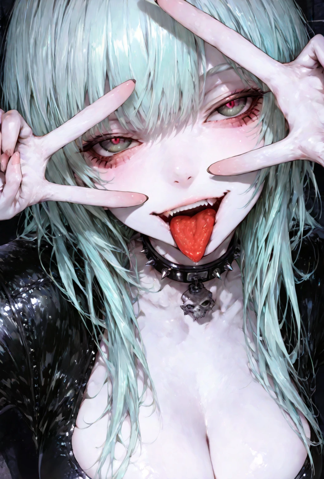 Close-up portrait of a young woman with a rebellious and defiant expression. His face is in the foreground, softly and dimly lit, highlighting her light skin. He wears a black hood that covers most of his head., leaving only his mouth and tongue visible. About the hood, A white cross stands out at the top, contrasting with the dark fabric. the woman has her mouth open, showing a wide, provocative smile while sticking her tongue out, creating a bold and defiant effect. The light is subtle, with soft shadows that add a dramatic touch to the face and hood. The style is hyperrealistic, capturing the details of the fabric texture, Shiny teeth and wet tongue,The hood covers his eyes and nose,only the mouth visible