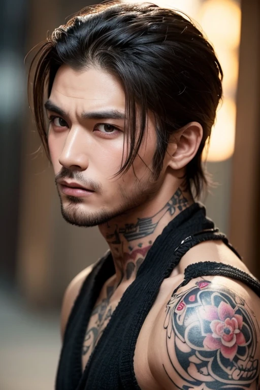 model style , eyes browns , Bblack hair , bad boy , sexly , Japanese-American , Neck tatoo