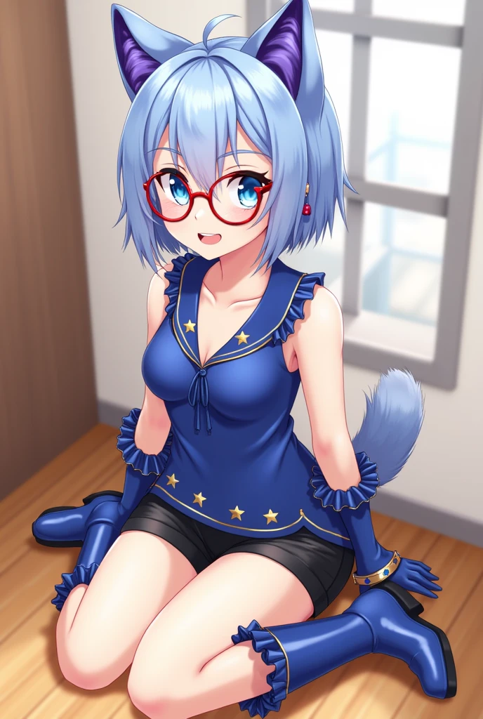 girl, snow leopard, furry, bodyfur, tail, camisole, bottomless, gloves, boots, chibi, sparkling eyes, some perfect pussy, school, kneeling