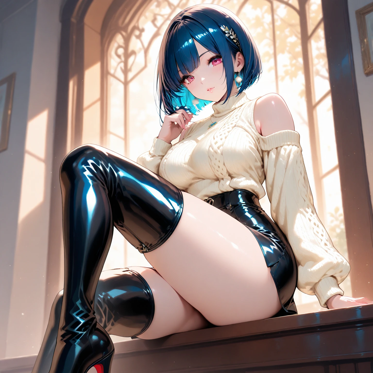masterpiece, 最好of质量, 聪明of, 强of, of, 有着长长of卷曲金发of美丽女人, blue eyes, Black mini skirt, High heel, leather jacket