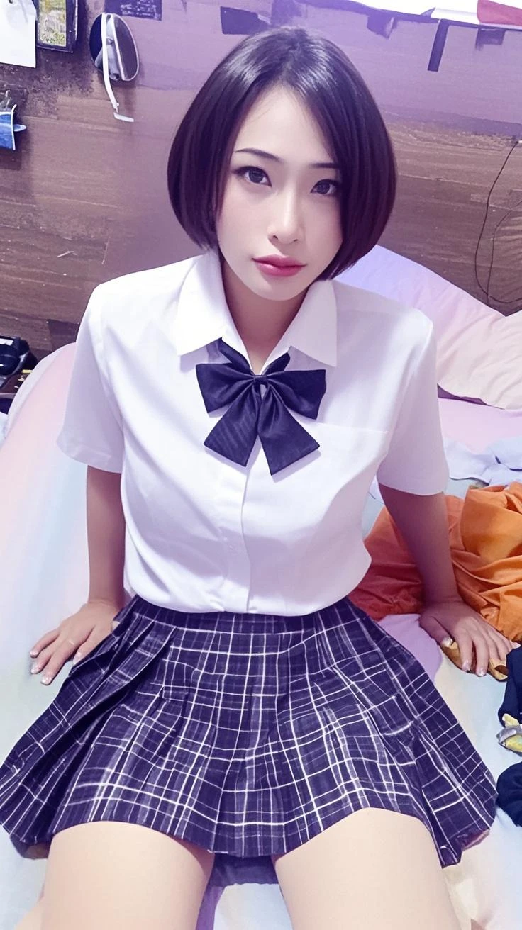 best qualtiy, 超高分辨率, (realisticlying:1.4), 1girl,Pretty woman with slender figure:1.4,18 female high school students sexy,White skin,二重まぶた,Delicate eyes,Short white shirt,Pink bow tie,Pink pleated skirt,White thin stockings,Being in the room,Sit on a white bed,Look ahead charmingly,Black hair half in front and half in the back,Pose on the bed in a short skirt and shirt,JK uniform,short- sleeved,Tied up shirt