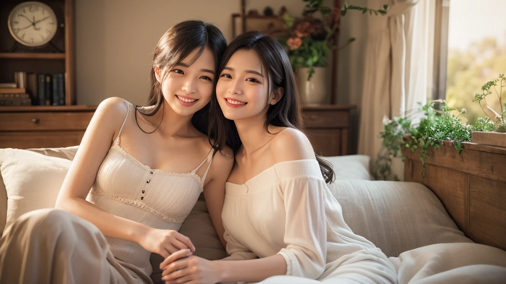 best quality,masterpiece,ultra high resolution,(fidelity:1.4),original photo,Smile,2 girls,25-year-old woman and 8-year-old girl,ladies and little girls, mother and daughter,,charming,