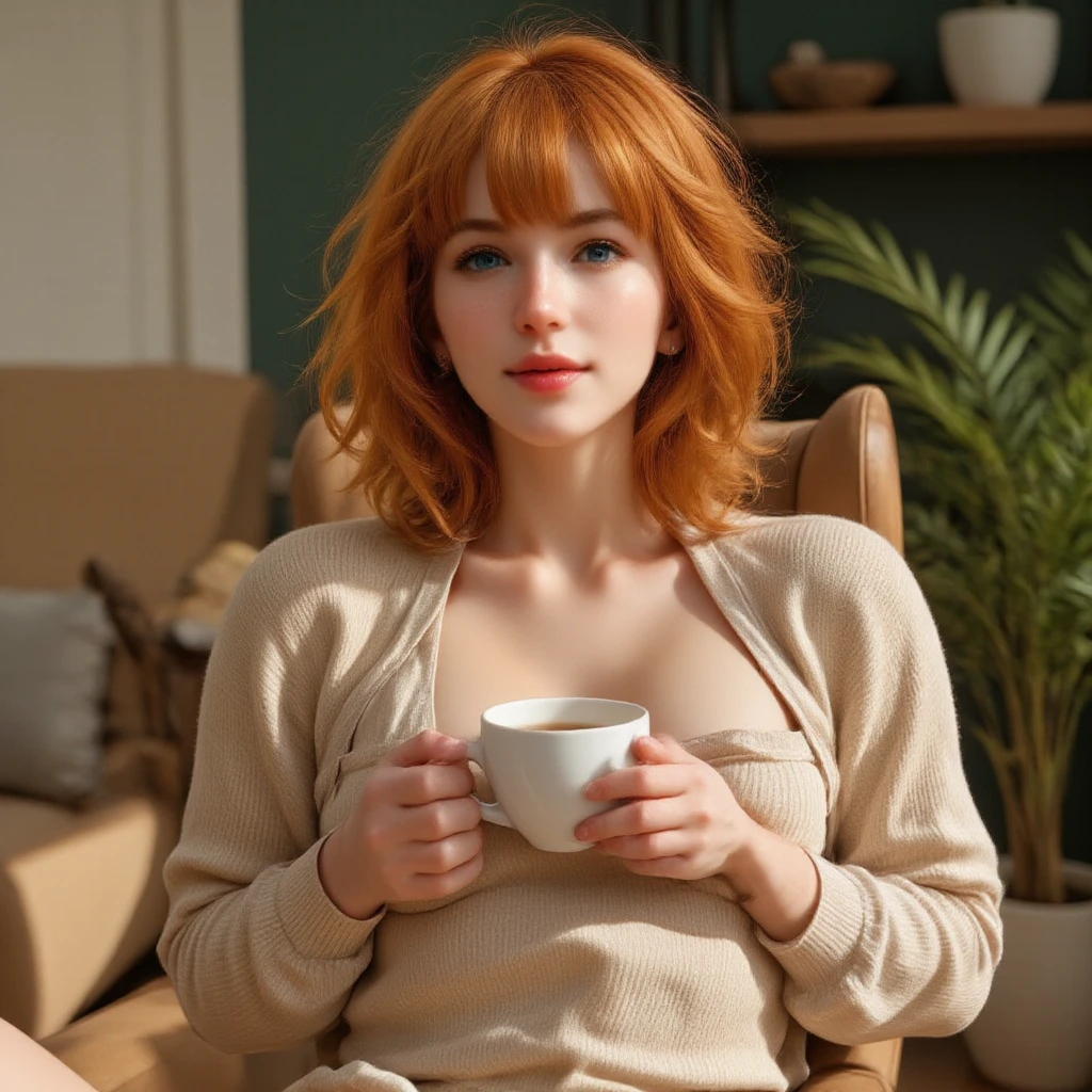 solo, beautiful adult woman, high quality, best quality, highres, high detail, dr34m, standing, ginger hair,<lora:AislingDream-46:0.8> sultry afternoon brunch, glasses, (fuzzy cashmere turtleneck sweater), leather skirt, cozy ambiance, warm natural lighting, elegant table setting, soft colors, high detail, 8k resolution,