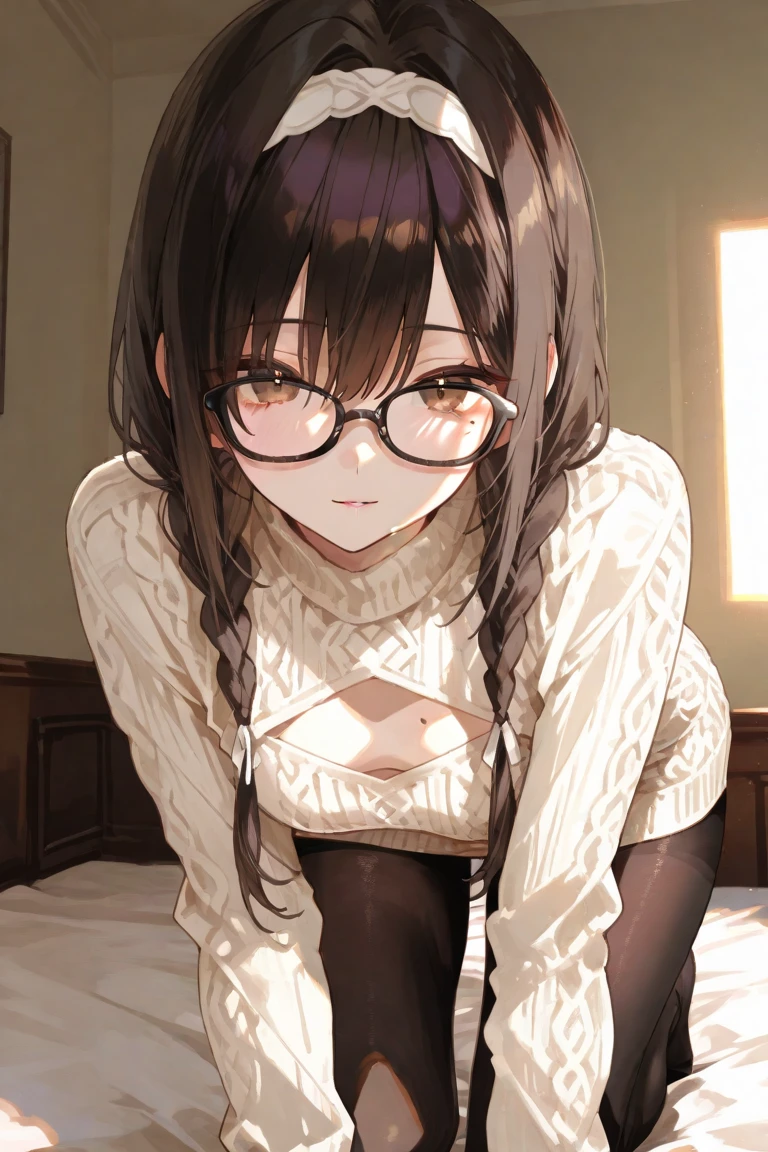 (Ultra-high resolution of the highest quality, masutepiece, Best Quality, 8K, Super Detail, Best Quality:1.3), (Anatomically correct:1.2), (1 girl:1.2), (junior high school student:1.6), (middle breasts:1.2), (drooping eyes:1.3), (blush cheek, blush body:1.3), (wavy hair, braid hair:1.2), (long hair:1.2), (black hair:1.2), (cat ear band:1.4), (glasses:1.3), (collar:1.3), (printed t-shirt, skirt:1.6), (girl's own room:1.4), front view, Extremely cute, (extremely detailed beautiful face), Authentic skin texture, beautiful hair, beautiful face, beautiful eyes, beautiful body, beautiful hands, (sexual aroused, naughty face, seductive smile, trance, orgasm:1.8), (steam:1.4), (sweat:1.6), (hair over eyes:1.3), (looking up:1.3), (open mouth:1.4), (face focus:1.6), cleavage breasts focus, (from above:1.4), (all fours:1.6)