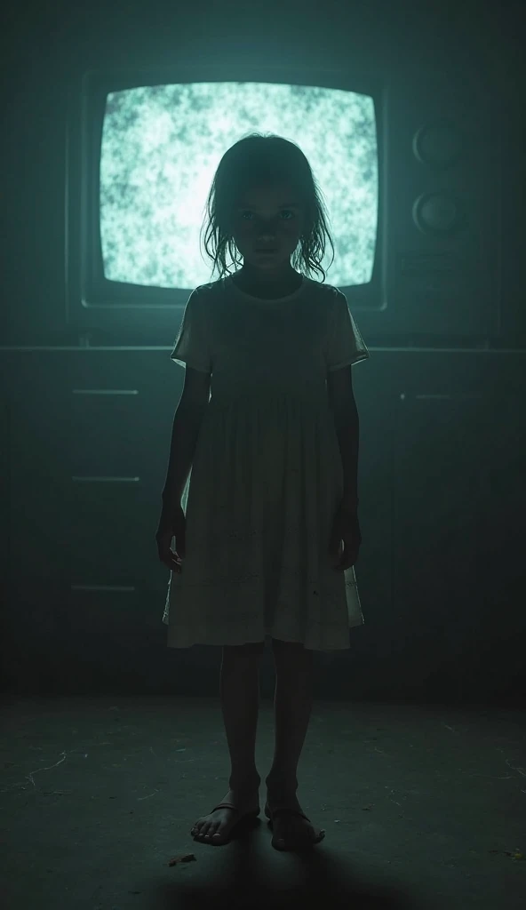 Long distance front view of abused 13 year old  orphanage girl in the dark and a glowing fiery small butterfly in the distance