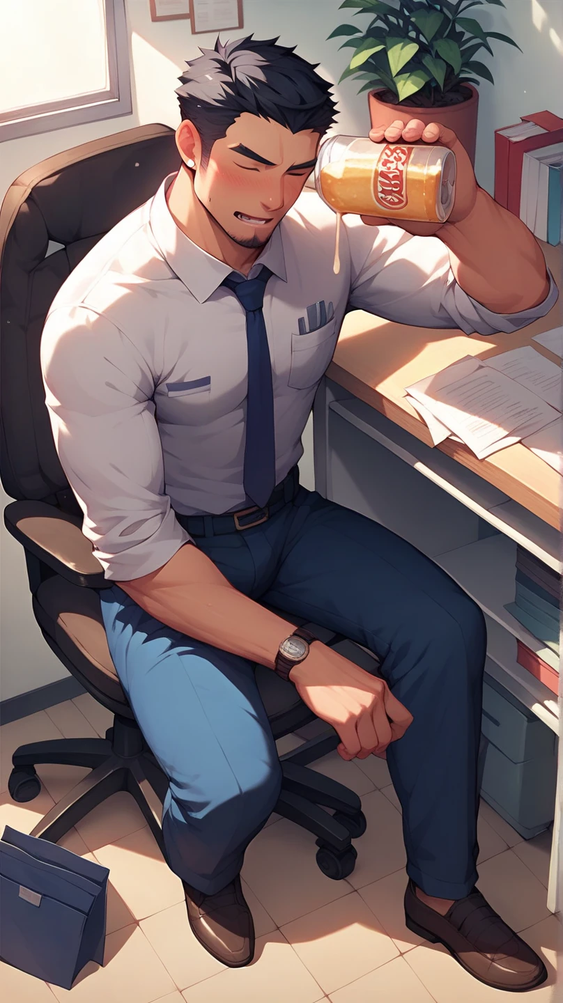 (by dramamine, by haps), mature male, eye scar, old chubby lion, (Brown fur:1.2),middle-age,((black short hair)),((facial beard)),(hi res, best quality, high quality, detailed, shaded, shading, masterpiece:1.2), detailed eyes, detailed clothing, smirk, seductive smile, hairy chest, glasses,inside office,(blue pattern boxers:1.4), (white Open shirt:1.5), (necktie removed),(black socks:1.2)