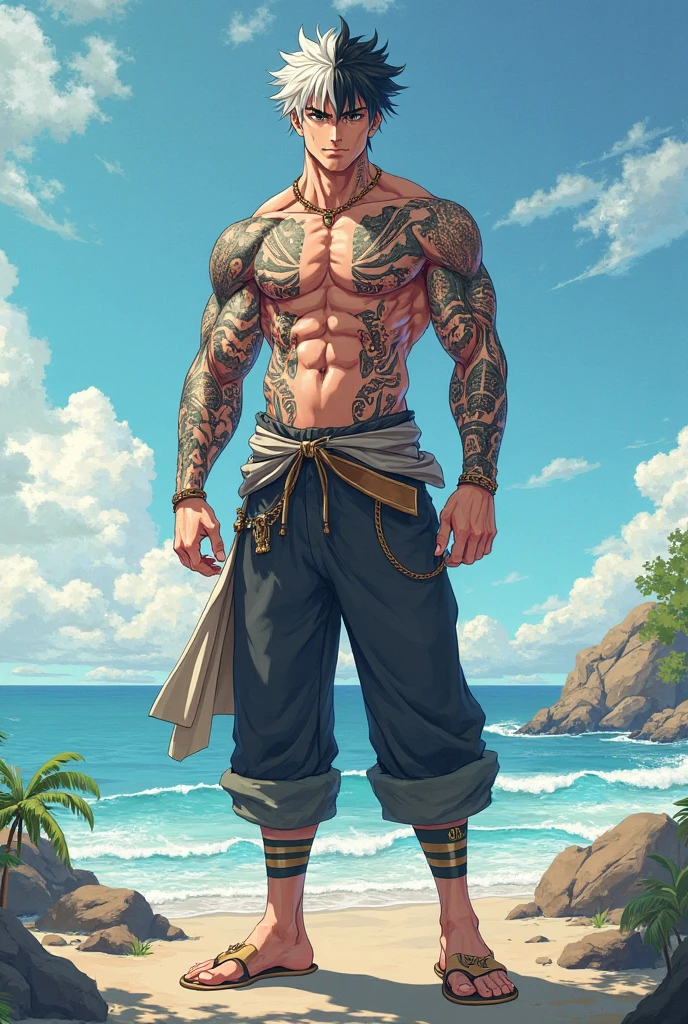 Realistic, (masterpiece, top quality, best quality, official art), very detailed, colorful, most detailed, god, short hair, black hair, dark skin, handsome man, sea, necklace, beach, pectals, abs, beach pants