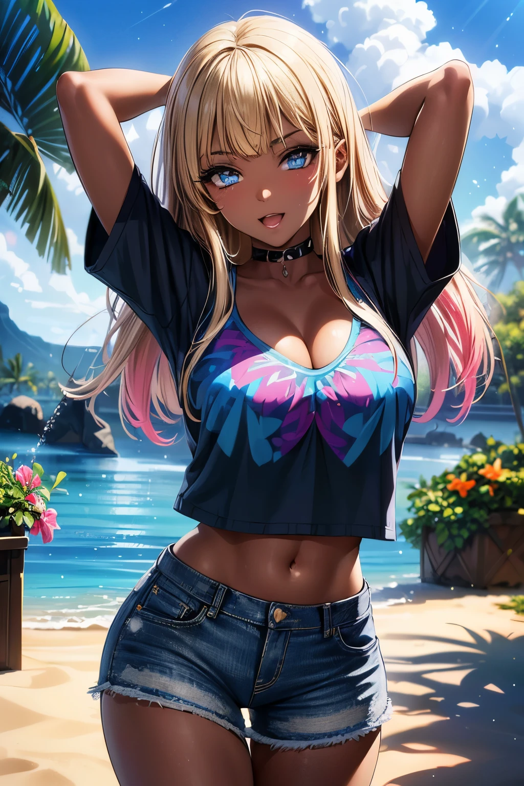 最high quality、best image quality、masterpiece、teenage girl((18-year-old、 By becoming、vest bust、medium bust,wide open breast tea、black eye, blonde hair、Habitual hair、long hair、thin,highest valley、blue shorts、Holding a plastic bottle、troubled face、heart tattoo、black aloha shirt、open your legs、sweating、base cap)),high quality、beautiful art、background((Hawaii、Waikiki、Palm tree、Hawaiiのホテル))debris flies、Depth of written boundary、movie、visual art、perfect art、8K,genuine
