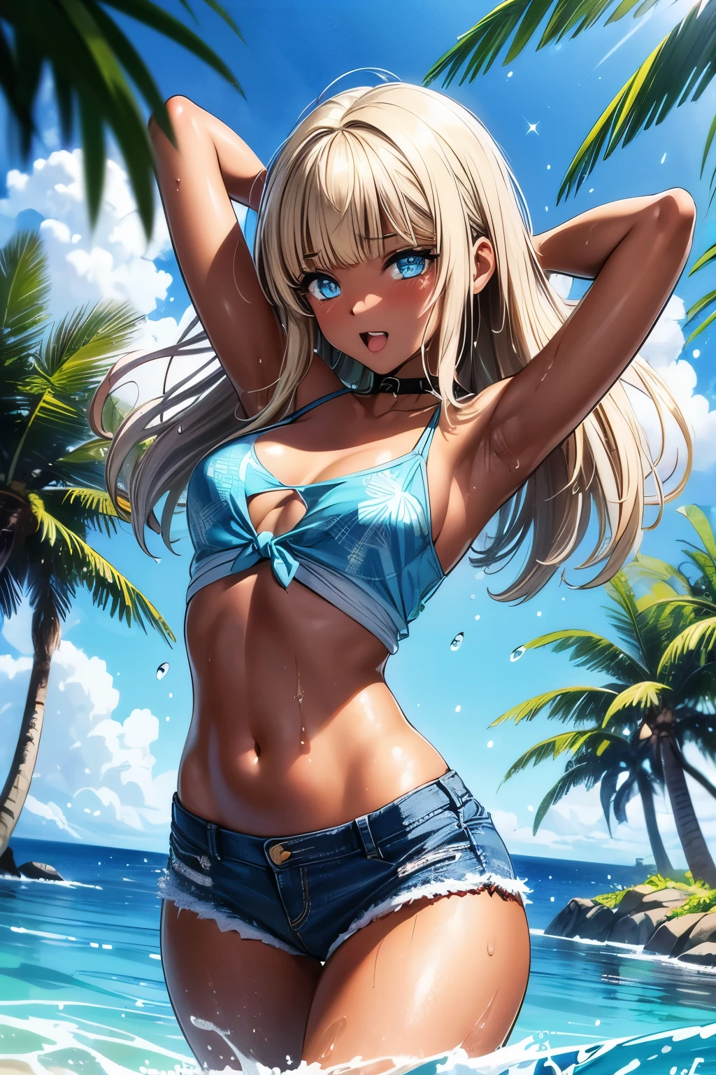 1girl, blonde long hair, braided twin pigtails, blue eyes, bikini, masterpiece, top quality, super high detail illustration, detailed 2.5d face, Caravaggio effect, finally, random composition, smiling, sweat, water droplets, water effect, sitting on the beach